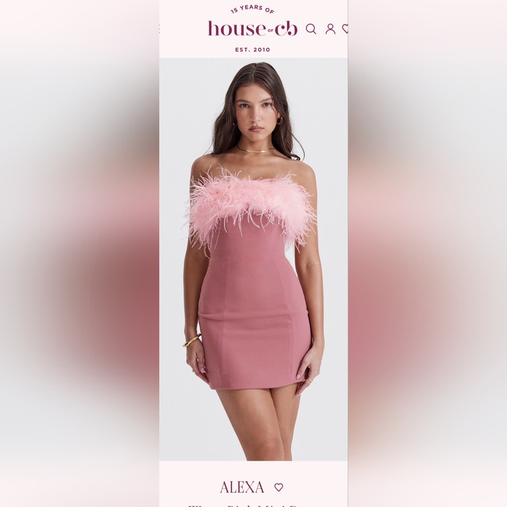 House of CB Warm Pink Feather Accent Alexa Mini Dress Sz Medium